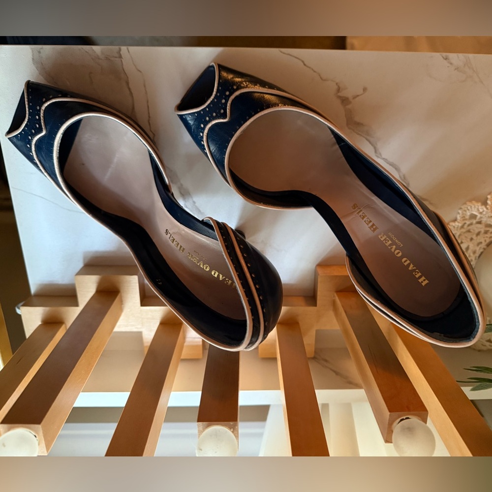 Head Over Heels London - Deep Blue Leather Wing-Tip, Squared Open Toe, D’Orsay - Picture 12 of 15